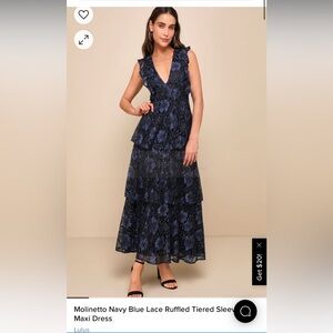 Lulu’s Molinetto Navy Blue Lace Ruffled Tiered Sleeveless Maxi Dress- size small